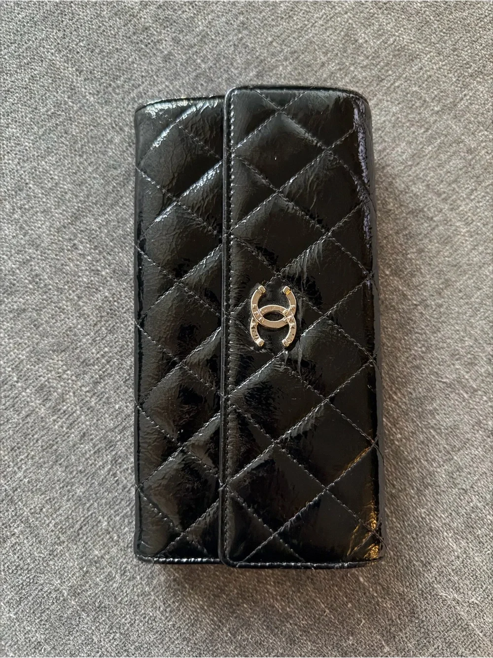CHANEL Black Quilted Patent Leather Wallet with Silver CC Hardware
